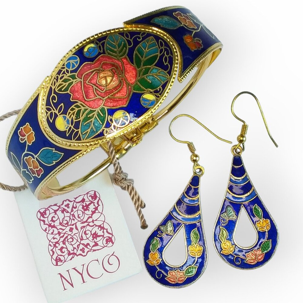 NYCO Hinged Cuff Bracelet Earrings Set Nicki Yassaman Cloisonne Enamel Rose Vtg
